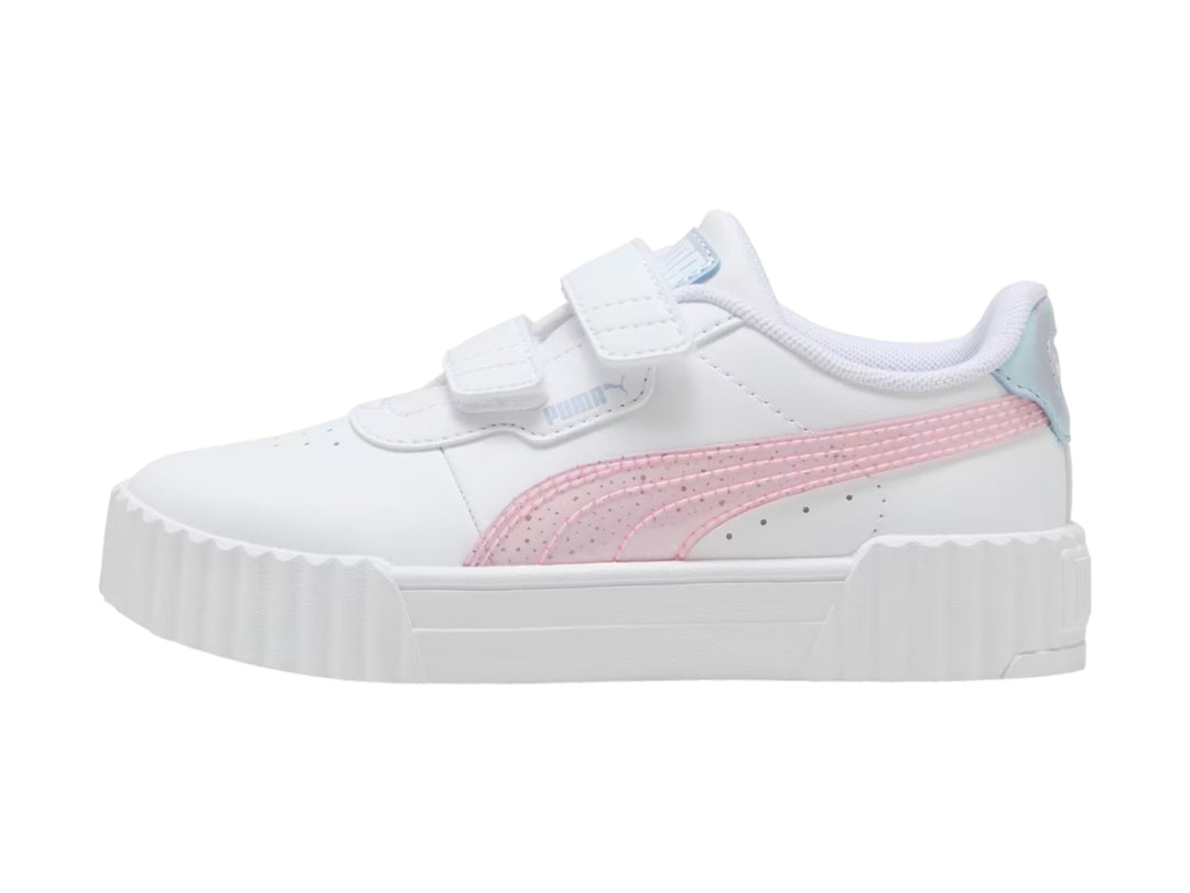 Tenis PUMA blancos para niña con detalles en rosa y azul claro y cierre de velcro