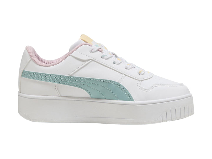 Tenis PUMA blancos con suela de plataforma y detalles en verde menta y rosa.