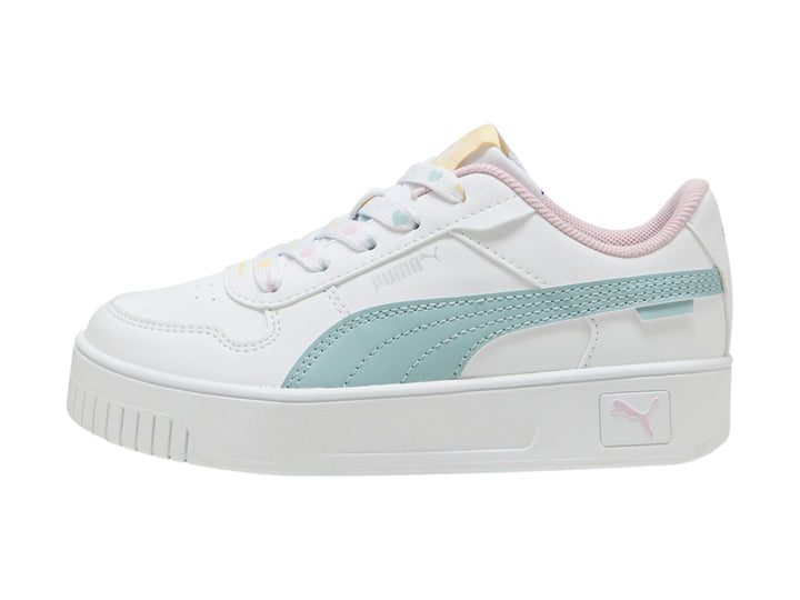 Tenis PUMA blancos con suela de plataforma y detalles en verde menta y rosa.