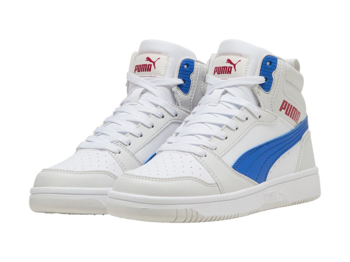Tenis PUMA Rebound V6 Mid Blanco y Azul para Niño