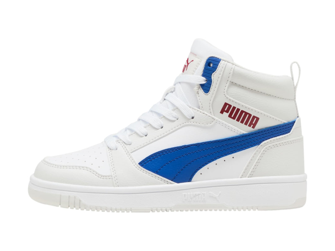 Tenis PUMA Rebound V6 Mid Blanco y Azul para Niño