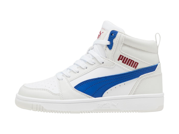 Tenis PUMA Rebound V6 Mid Blanco y Azul para Niño