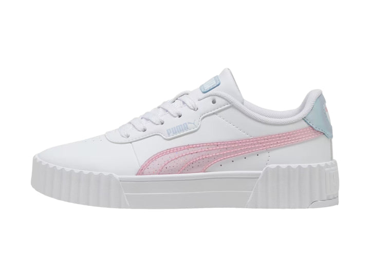 Tenis PUMA blancos con franja rosa y detalles azules, con suela de plataforma blanca.