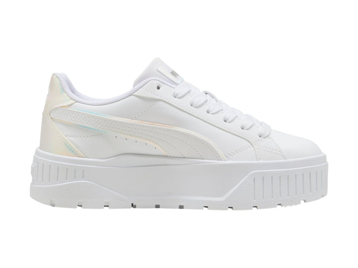 Tenis PUMA blancos para niños con suela de plataforma y detalles laterales en color holográfico.