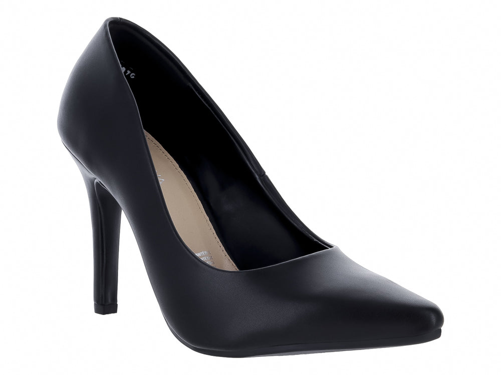 Zapato de tacón alto color negro con acabado mate y punta fina para mujer.