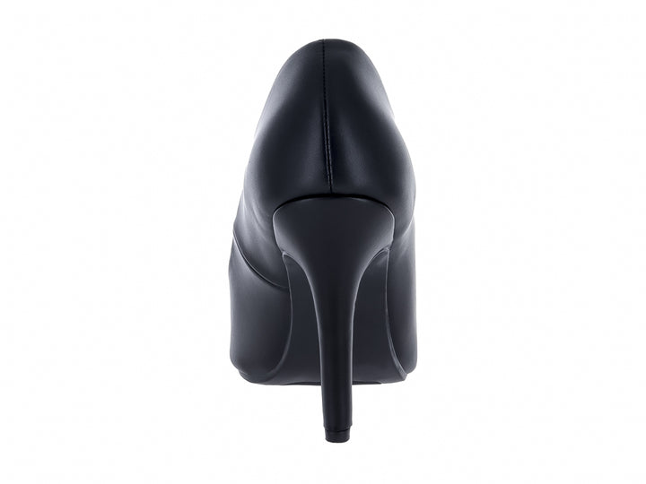 Zapato de tacón alto color negro con acabado mate y punta fina para mujer.