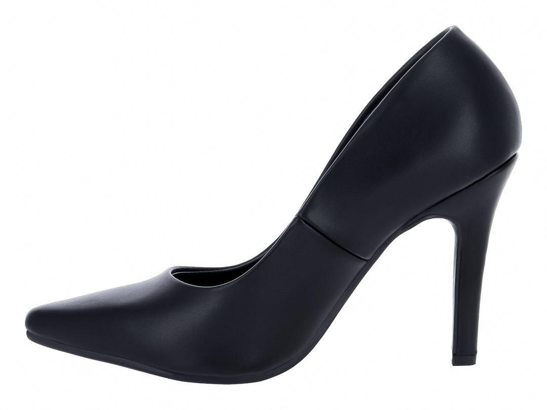 Zapato de tacón alto color negro con acabado mate y punta fina para mujer.