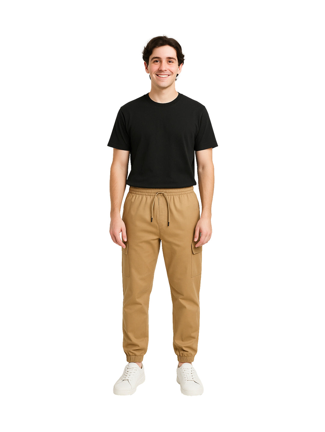 Hombre vistiendo pantalones jogger color beige con cintura ajustable y puños elásticos.