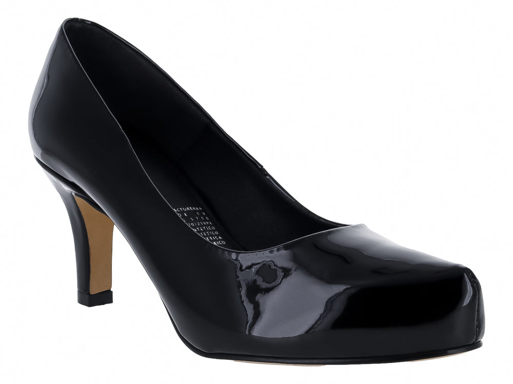 Zapato de tacón medio para mujer en color negro con acabado brillante de charol.