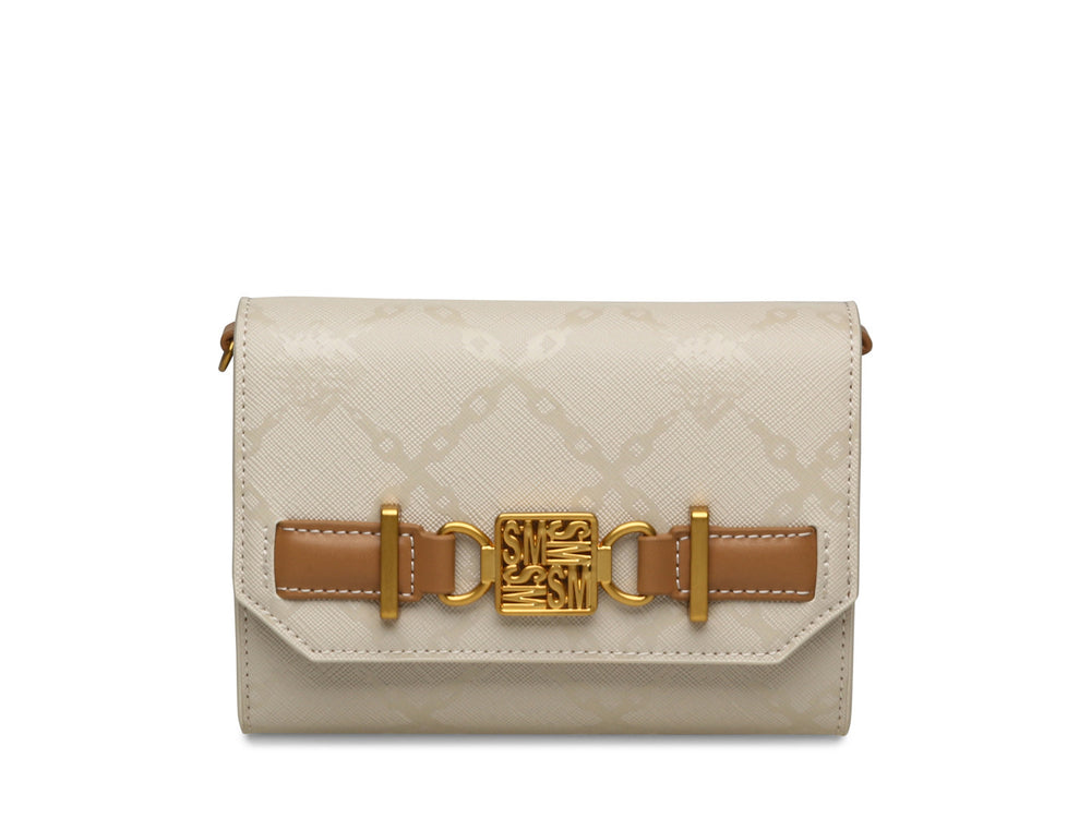 Bolso pequeño Steve Madden color bone con textura acolchada, detalles en camel y correa de cadena dorada.