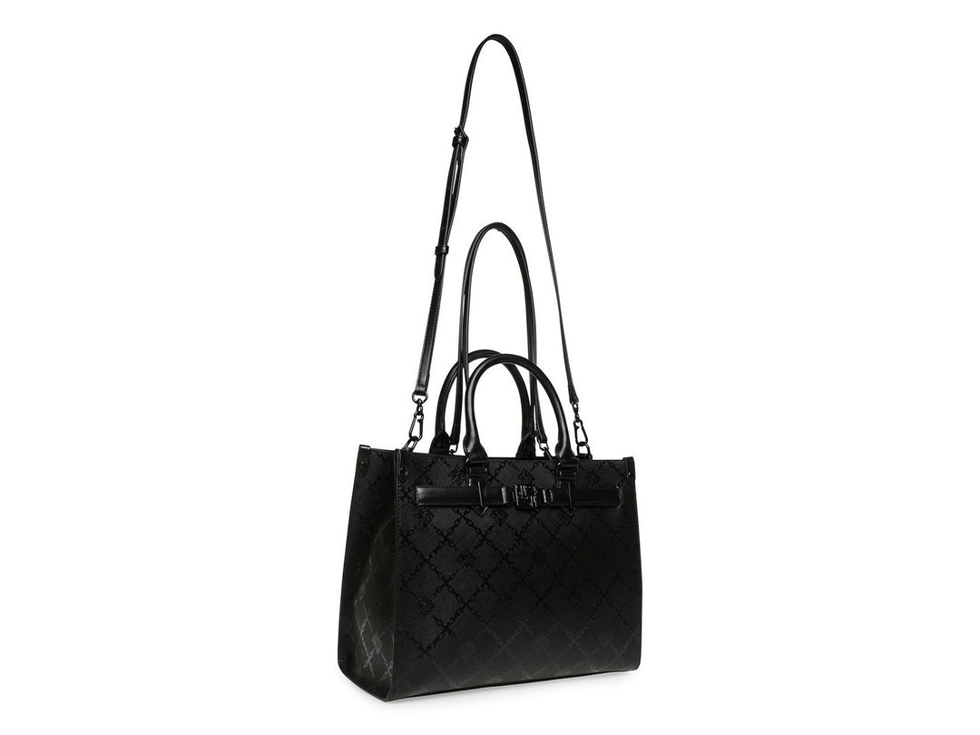 Bolso de hombro Steve Madden color negro con textura geométrica, asas cortas y correa larga ajustable.