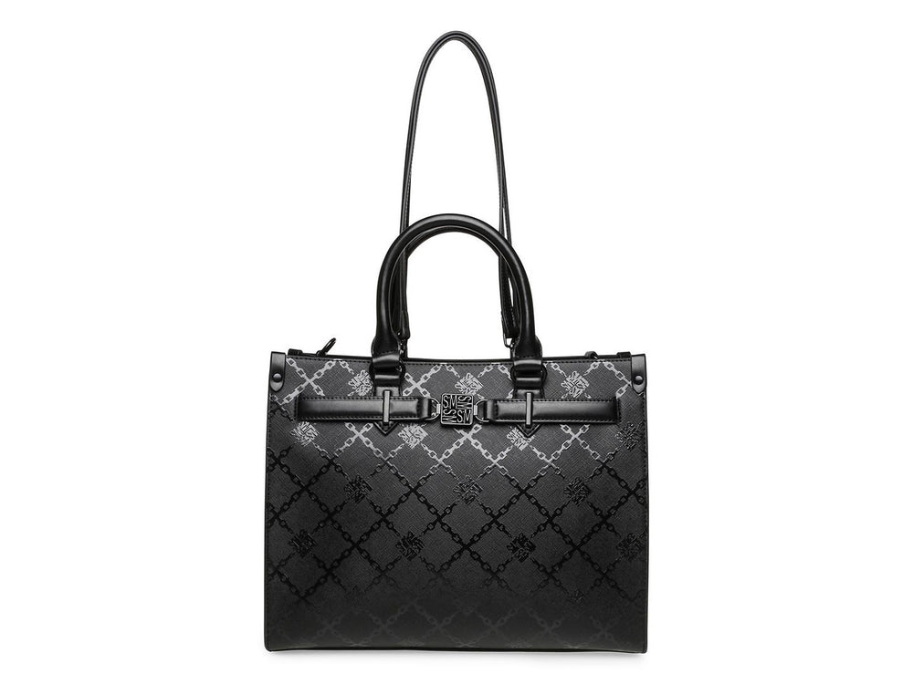 Bolso de hombro Steve Madden color negro con textura geométrica, asas cortas y correa larga ajustable.