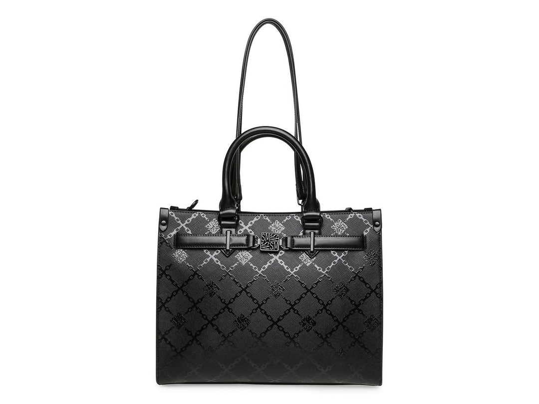 Bolso de hombro Steve Madden color negro con textura geométrica, asas cortas y correa larga ajustable.