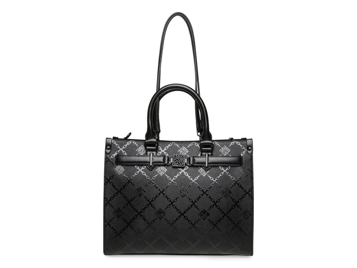 Bolso de hombro Steve Madden color negro con textura geométrica, asas cortas y correa larga ajustable.