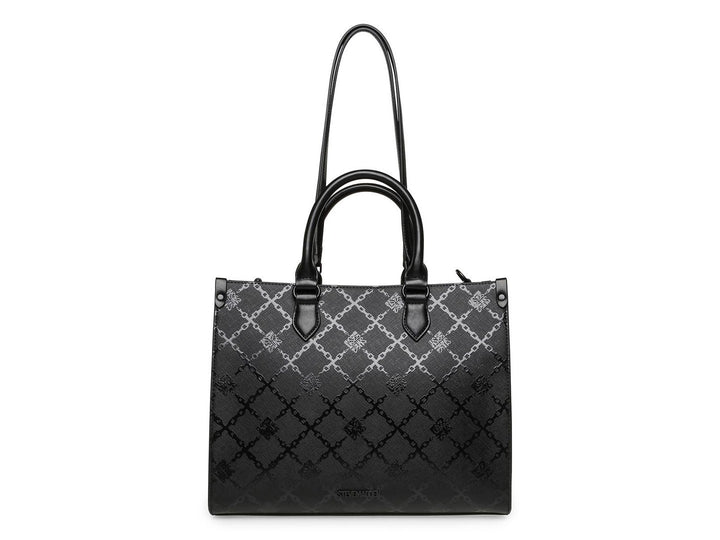 Bolso de hombro Steve Madden color negro con textura geométrica, asas cortas y correa larga ajustable.