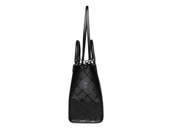 Bolso de hombro Steve Madden color negro con textura geométrica, asas cortas y correa larga ajustable.