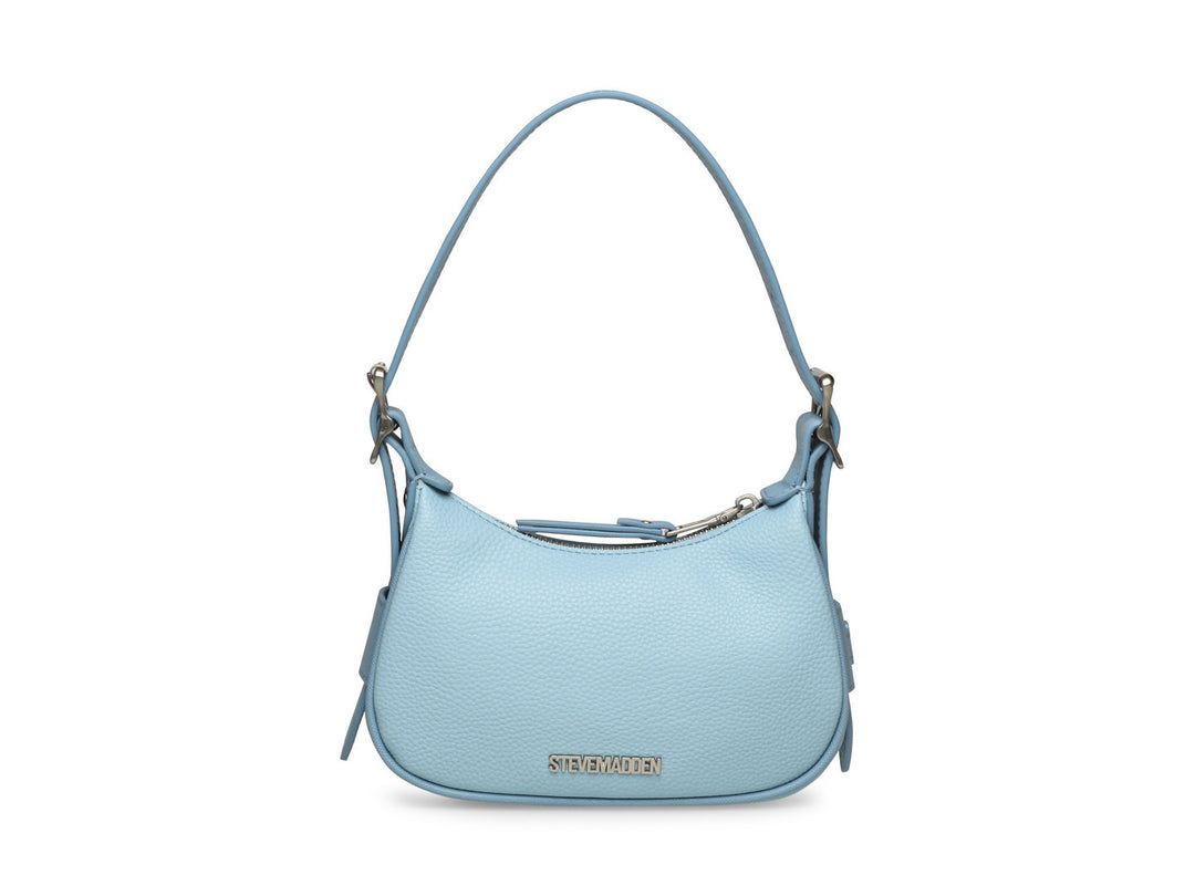 Bolsa de hombro Steve Madden modelo Belia en color azul claro con textura rugosa y correa ajustable.
