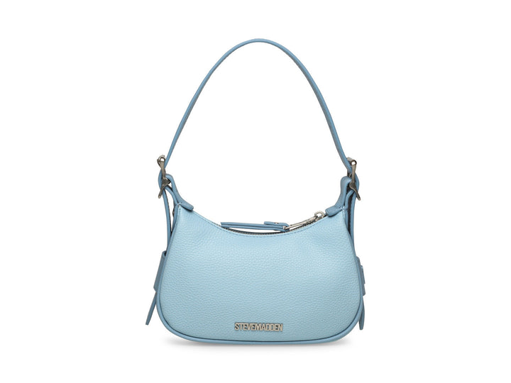 Bolsa de hombro Steve Madden modelo Belia en color azul claro con textura rugosa y correa ajustable.