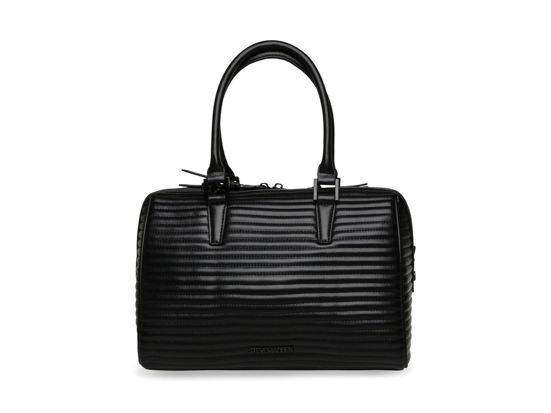 Bolso de mano Steve Madden color negro con textura acanalada, asas superiores y correa larga con cadena.