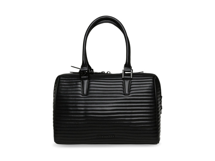 Bolso de mano Steve Madden color negro con textura acanalada, asas superiores y correa larga con cadena.