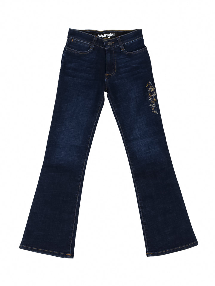 Pantalones jeans Wrangler color indigo para niño con detalle bordado en la pierna izquierda.