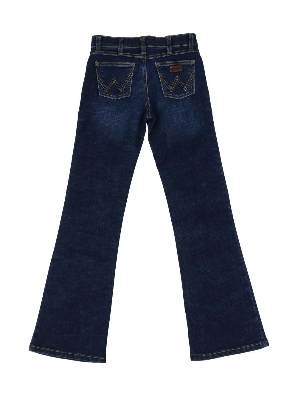 Pantalones jeans Wrangler color indigo para niño con detalle bordado en la pierna izquierda.