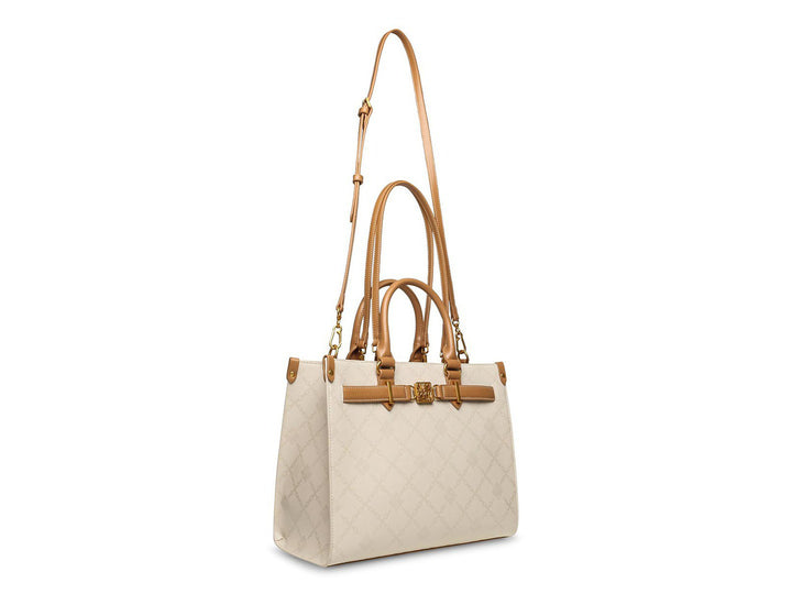 Bolso de hombro Steve Madden color hueso con detalles y asas en tono camel, diseño estructurado con relieve.