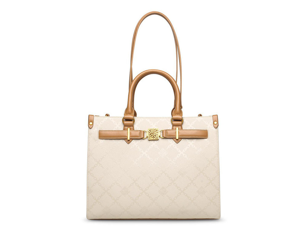 Bolso de hombro Steve Madden color hueso con detalles y asas en tono camel, diseño estructurado con relieve.