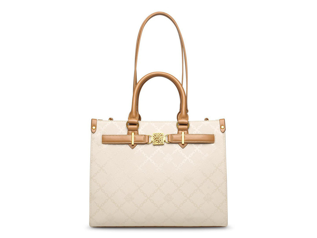 Bolso de hombro Steve Madden color hueso con detalles y asas en tono camel, diseño estructurado con relieve.
