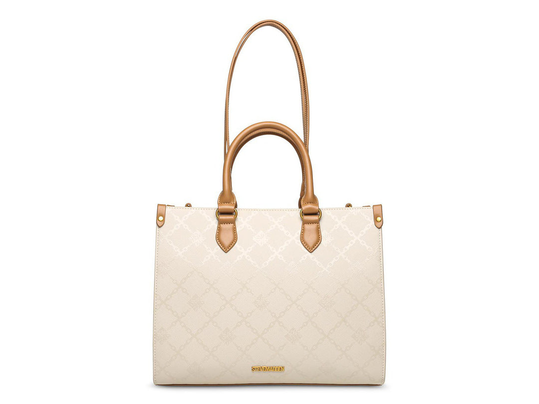 Bolso de hombro Steve Madden color hueso con detalles y asas en tono camel, diseño estructurado con relieve.