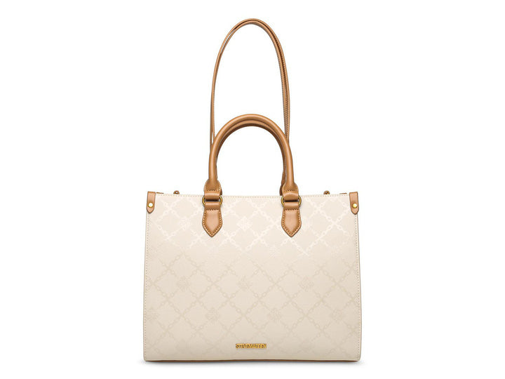 Bolso de hombro Steve Madden color hueso con detalles y asas en tono camel, diseño estructurado con relieve.