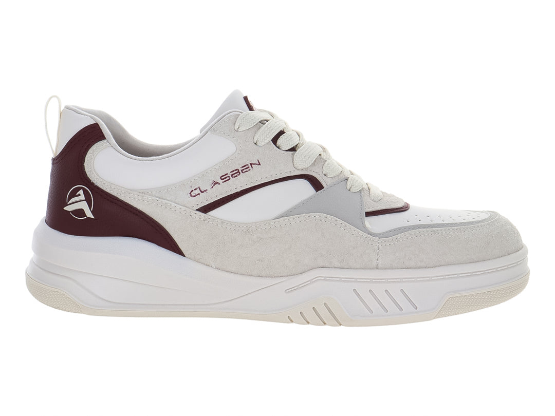 Tenis casuales Clasben en colores blanco, latte y vino con detalles en gamuza y suela blanca.