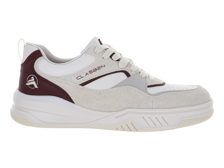 Tenis casuales Clasben en colores blanco, latte y vino con detalles en gamuza y suela blanca.