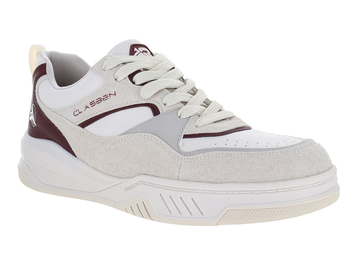 Tenis casuales Clasben en colores blanco, latte y vino con detalles en gamuza y suela blanca.
