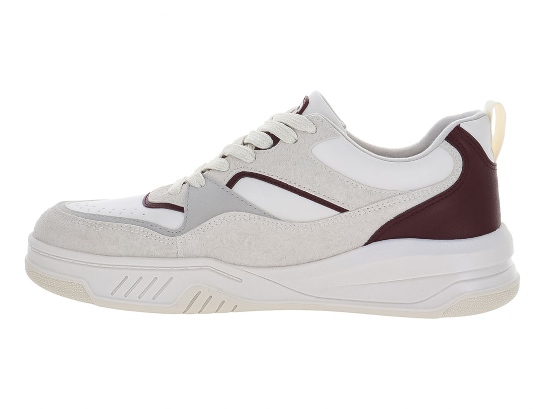 Tenis casuales Clasben en colores blanco, latte y vino con detalles en gamuza y suela blanca.