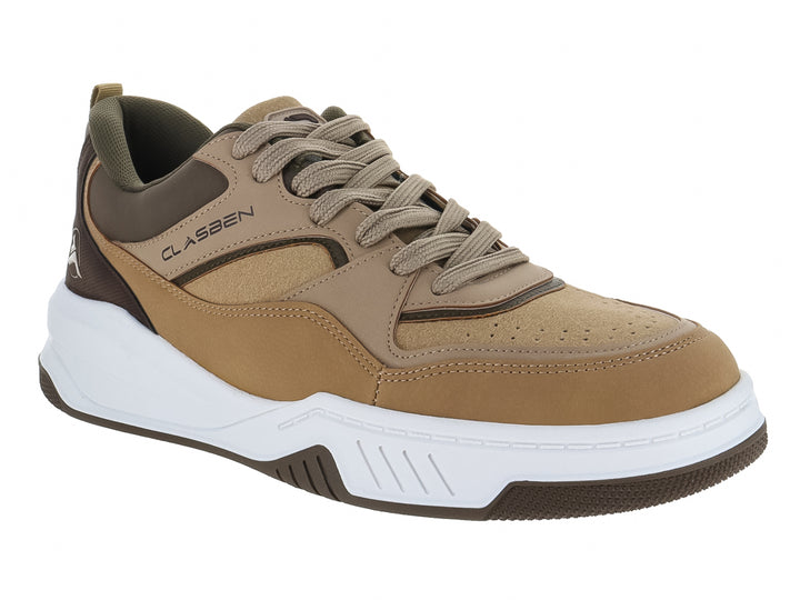 Tenis CLASBEN para niño en colores beige y verde oliva con suela blanca y base marrón.