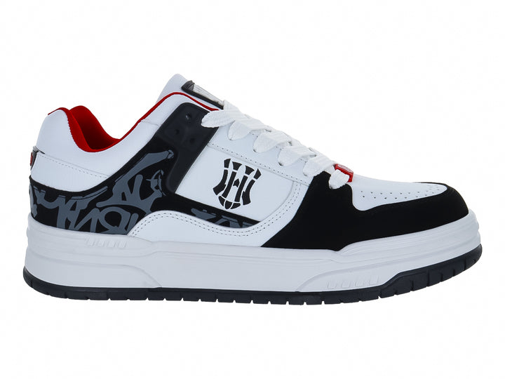Tenis CLASBEN Tyler color blanco y negro con detalles rojos y suela blanca.