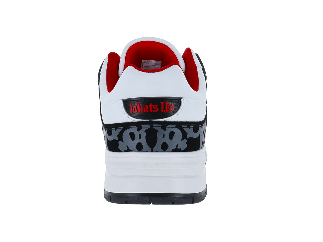 Tenis CLASBEN Tyler color blanco y negro con detalles rojos y suela blanca.