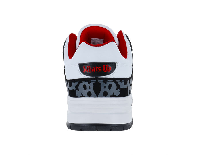 Tenis CLASBEN Tyler color blanco y negro con detalles rojos y suela blanca.