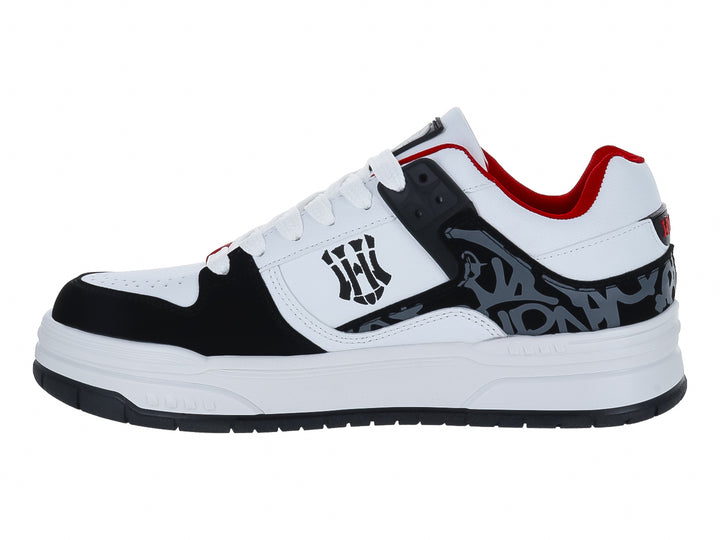 Tenis CLASBEN Tyler color blanco y negro con detalles rojos y suela blanca.