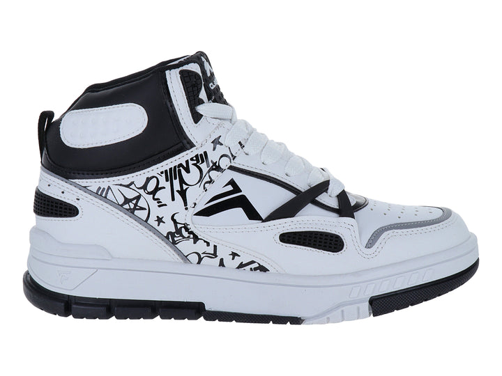 Tenis tipo bota color blanco con detalles y estampados en negro.
