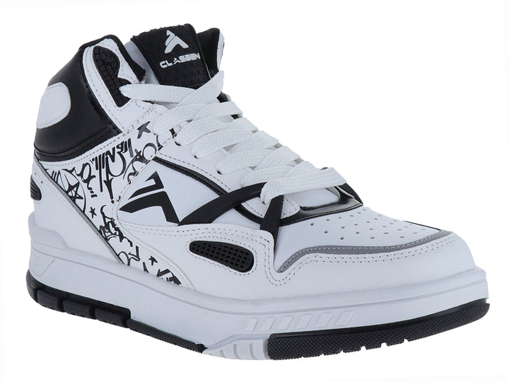 Tenis tipo bota color blanco con detalles y estampados en negro.