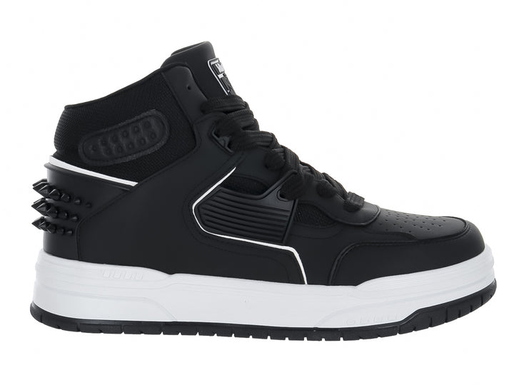 Tenis tipo botín marca Clasben en color negro con suela blanca y detalles decorativos laterales.