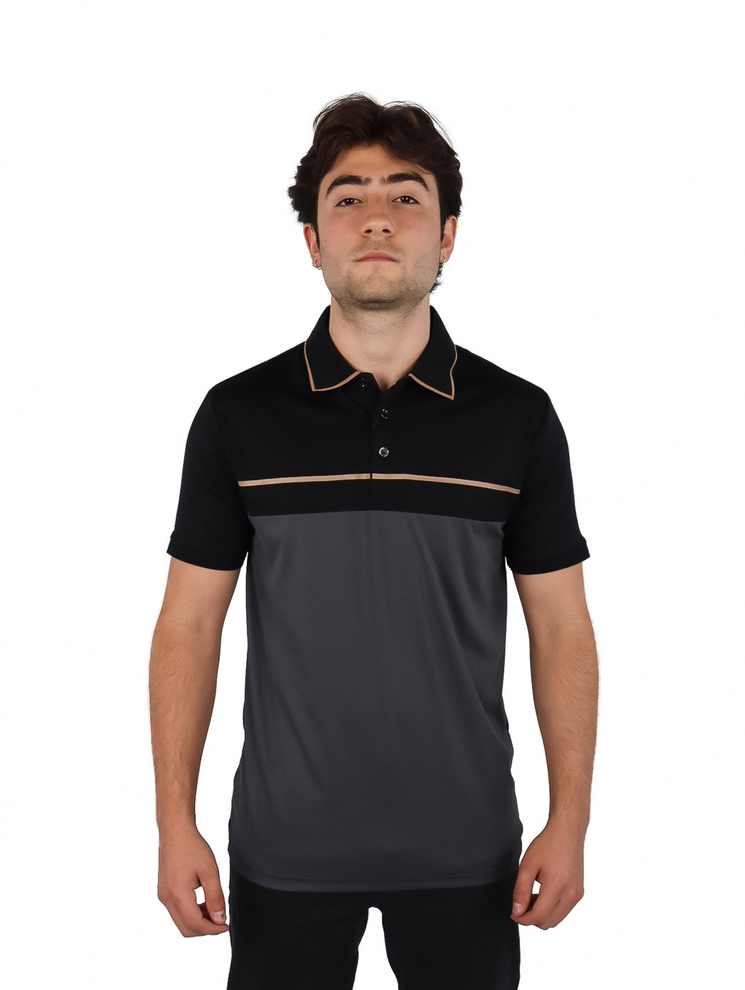Playera polo Varesi para hombre, diseño bicolor en negro y gris oscuro con franja café.