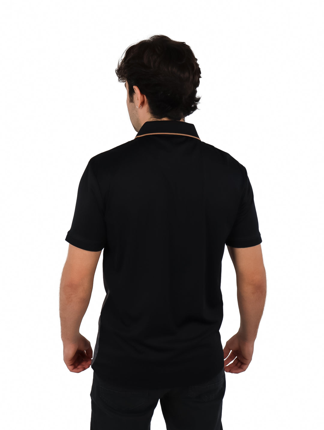 Playera polo Varesi para hombre, diseño bicolor en negro y gris oscuro con franja café.