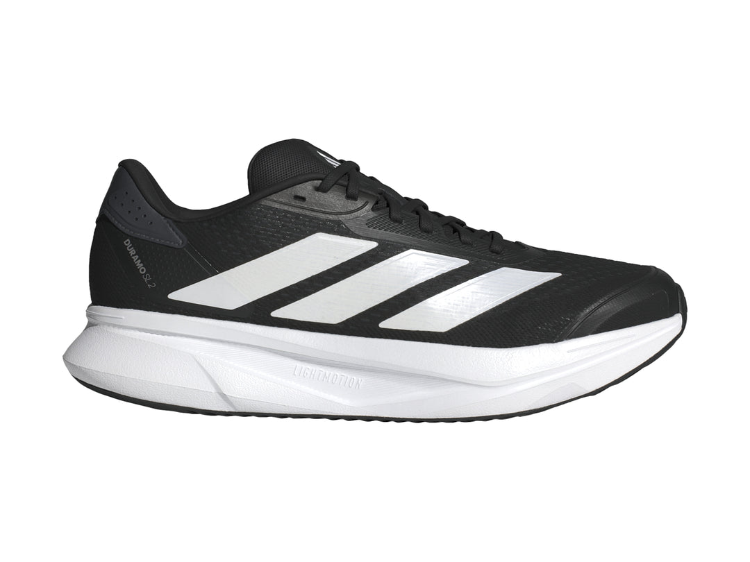 Tenis deportivos Adidas Duramo SL2 color negro con detalles y suela en color blanco.