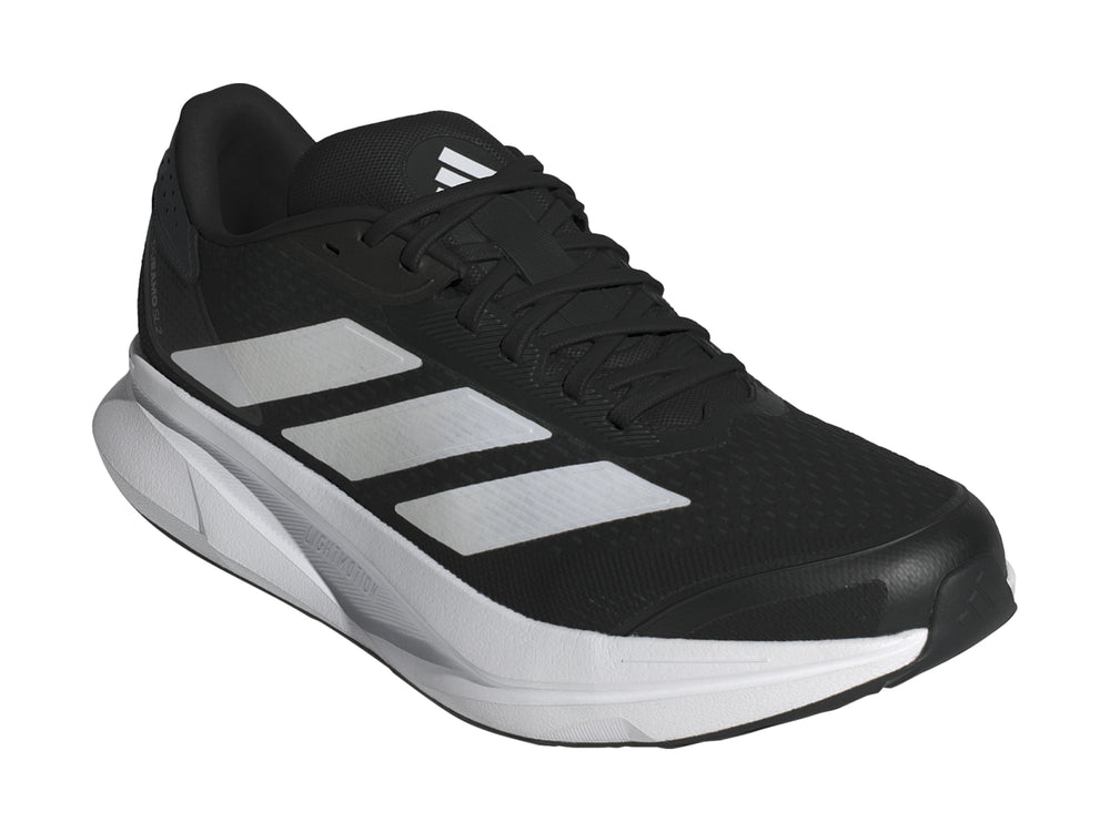 Tenis deportivos Adidas Duramo SL2 color negro con detalles y suela en color blanco.