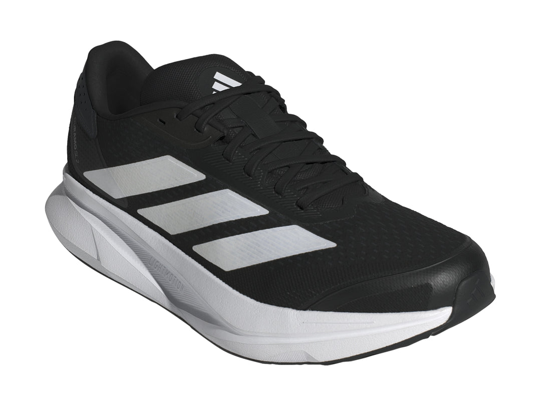 Tenis deportivos Adidas Duramo SL2 color negro con detalles y suela en color blanco.