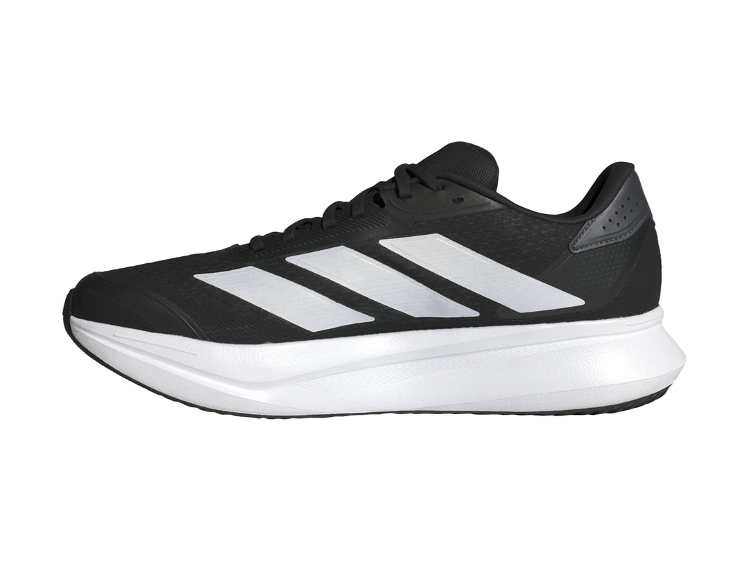 Tenis deportivos Adidas Duramo SL2 color negro con detalles y suela en color blanco.