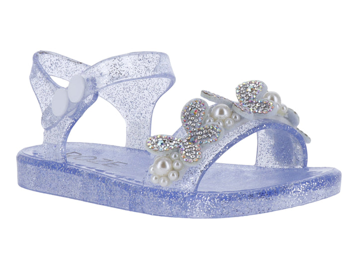 Sandalia infantil color azul con glitter y adorno de perlas y pedrería en la parte frontal.